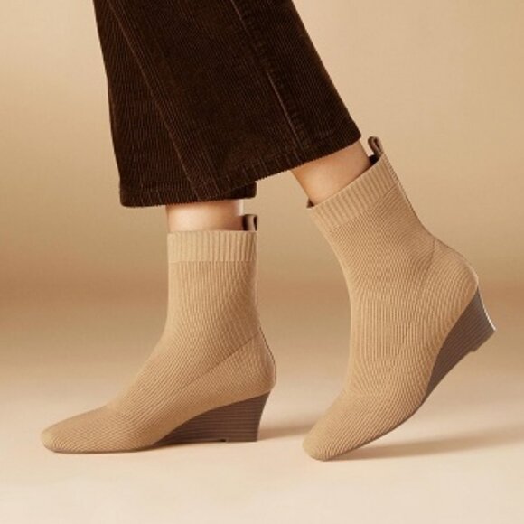 Vivaia Margot Square Toe Wedge Ankle Boots 37 NEW Nutmeg Tan